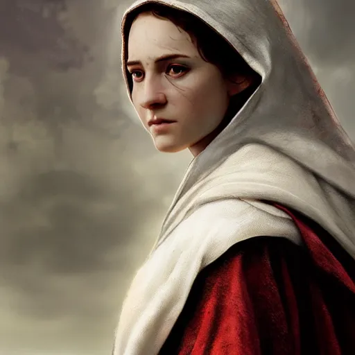 Image similar to portrait of an woman wearing a white cape with a hood and holding an hunter bow, Matte painting , detailed painting, made by Greg Rutkowski, 4k, atmospheric