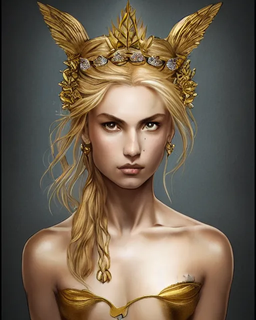 Prompt: front view of beautiful aphrodite greek goddess wearing a gold laurel wreath and triangle earrings, realism tattoo sketch, beautiful piercing eyes with sharp pupils, beautiful blonde hair, in the style of greg rutkowski, fantasy, amazing detail, epic, elegant, smooth, sharp focus, super model