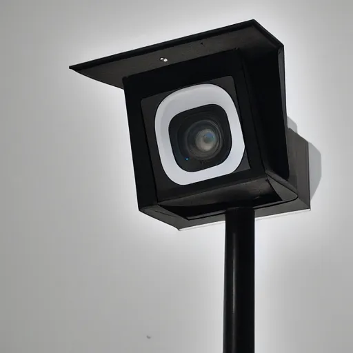 Prompt: a boxy cctv surveillance camera on a marble pedestal in a contemporary art museum