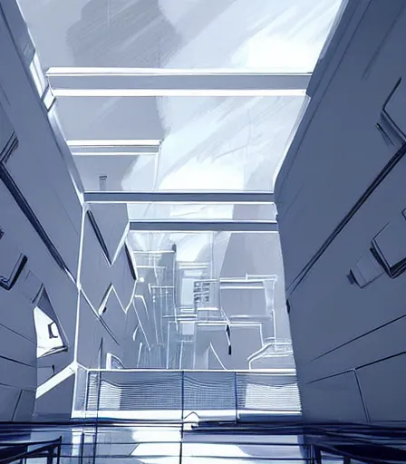 Prompt: Mirror's Edge 3 concept art, futuristic but minimalistic at the same time, clean white colors and small hints of blue and green, parkour pov