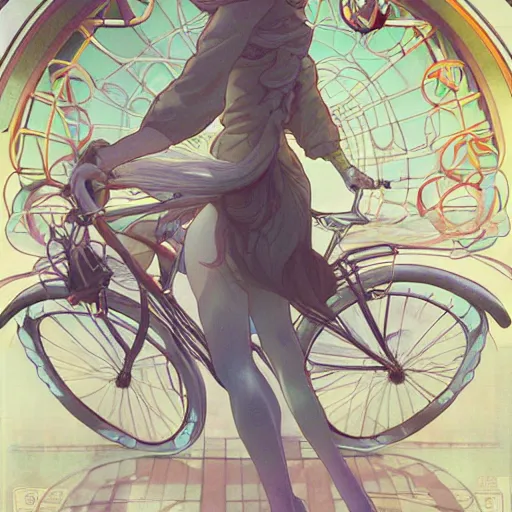 Image similar to A girl on a bicycle , Long, flowing hair by Range Murata and mucha ,full shot,