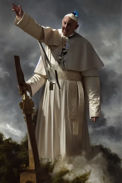 Image similar to the pope and the antichrist, 8 k, trending on artstation, smooth, sharp focus artwork by gustave courbet, mark keathley, greg rutkowski and annie leibowitz