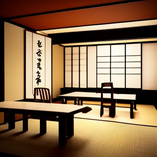 Image similar to still photo of a japanese dining room, highly detailed, photorealistic portrait, bright studio setting, studio lighting, crisp quality and light reflections, unreal engine 5 quality render