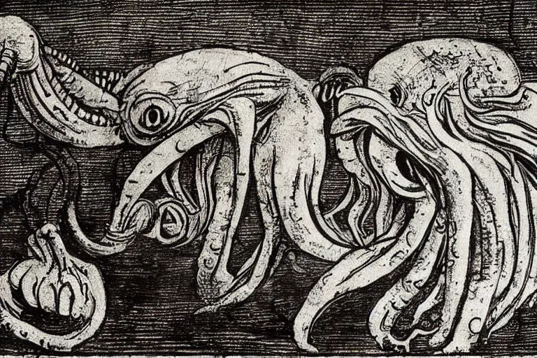 Prompt: Leonardo da Vinci's manuscript about Cthulhu