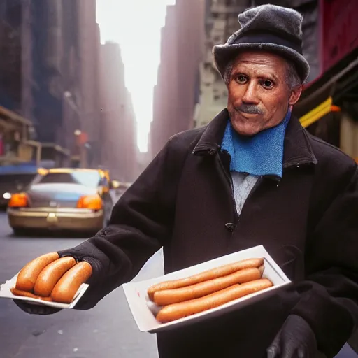 Image similar to closeup portrait of a sneaky man selling hotdogs from his coat in a smoky new york back street, by Annie Leibovitz and Steve McCurry, natural light, detailed face, CANON Eos C300, ƒ1.8, 35mm, 8K, medium-format print