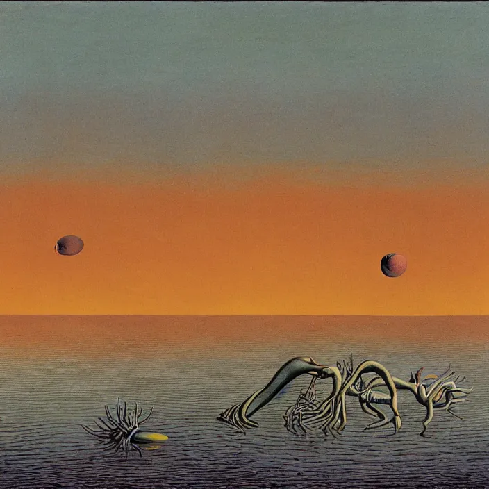 Image similar to the first color getting out of the primordial ocean to walk on land. sunset. codex seraphinianus. painting by yves tanguy, bruegel, walton ford, rene magritte, max ernst, matisse