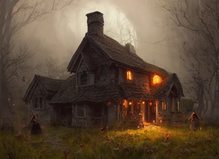 Image similar to the cottage of a Witch, scarecrow, a fantasy digital painting by Greg Rutkowski and James Gurney, trending on Artstation, highly detailed