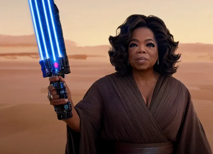 Image similar to oprah winfrey plays a jedi master in star wars rise of skywalker, 3 5 mm photography, highly detailed, cinematic lighting, standing pose, fully body shot, holding lightsaber 4 k