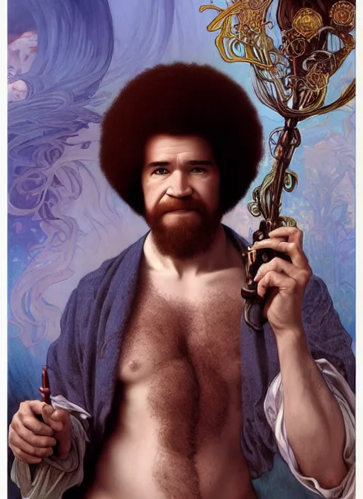 Prompt: Bob Ross as God of Beauty, brutal, fantasy, intricate, elegant, highly detailed, digital painting, 4k, HDR, concept art, smooth, sharp focus, illustration, art by alphonse mucha,artgerm, H R Giger