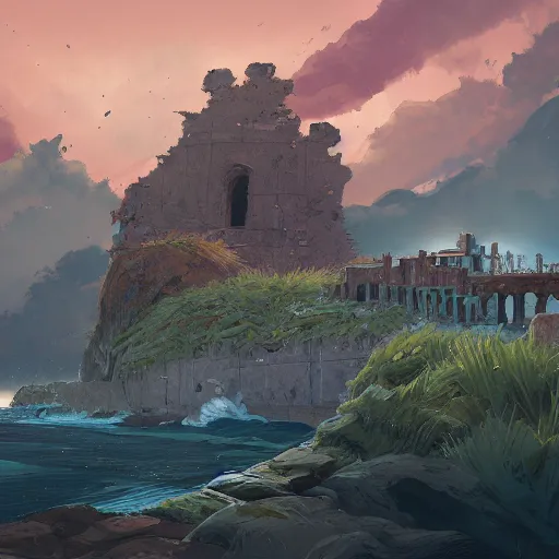 Image similar to digital 2 d, traditional paint, mixed media, concept art, illustration, environmental concept art & design, ruins, coast, ocean, sea, beach, remains, greek, pillars, vagrants, forest of liars, twilight, clouds, sky, coastline, sylvain sarrailh, concept art for forest of liars