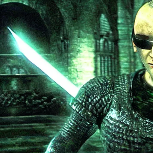 Prompt: still image of Dark Souls starring as Neo in 'The Matrix'(1999)