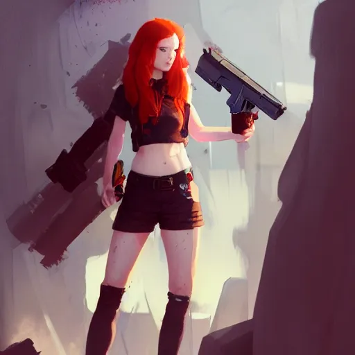 Image similar to A redheaded girl wearing a crop top, shorts and wielding a gun, character design by charles bowater,greg rutkowski,ross tran,hyperdetailed,hyperrealistic,4k,deviantart,artstation,professional photography,concept art, anime