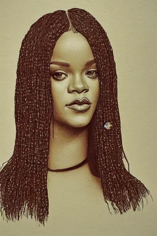 Image similar to a portrait of rihanna in the style of leonardo da vinci drawing,, single head, no double head,