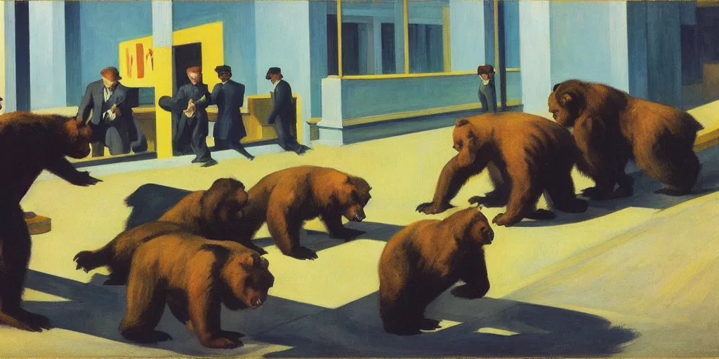 Image similar to edward hopper's painting, of a group of werebears robbing a bank