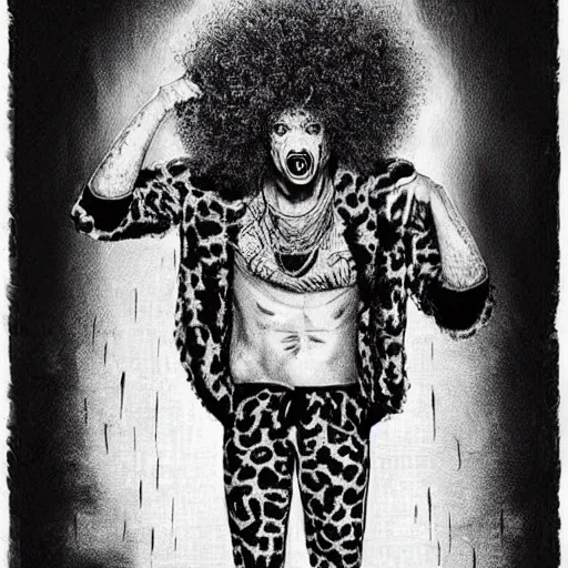 Image similar to animal print pants out of control. it's redfoo with a big afro! in the style of Stephen Gammell. Scary stories to tell in the dark. horror image. Scary! macabre illustration. crosshatching.