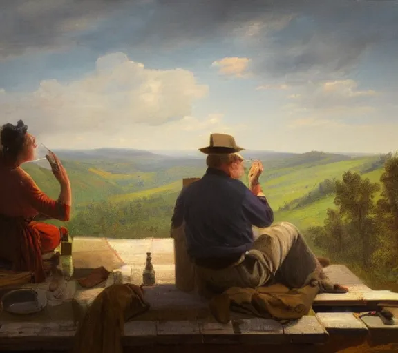 Image similar to landscape portrait of a couple sitting on a roof, looking over west virginia, smoking cigarettes, by william sidney mount, trending on artstation