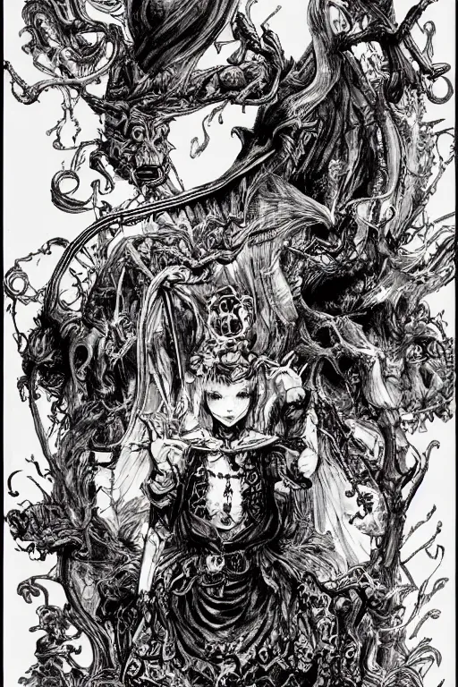 Image similar to Demon Alice in wonderland tarot card , pen and ink, intricate line drawings, by Yoshitaka Amano, Ruan Jia, Kentaro Miura, Artgerm, watercolor