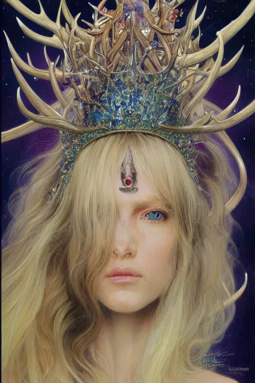 Image similar to a detailed portrait of a blonde haired blue eyed queen of glitter with an antler crown by wayne barlowe and mucha