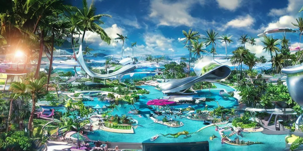 Image similar to futuristic paradise, real life picture, futuristic