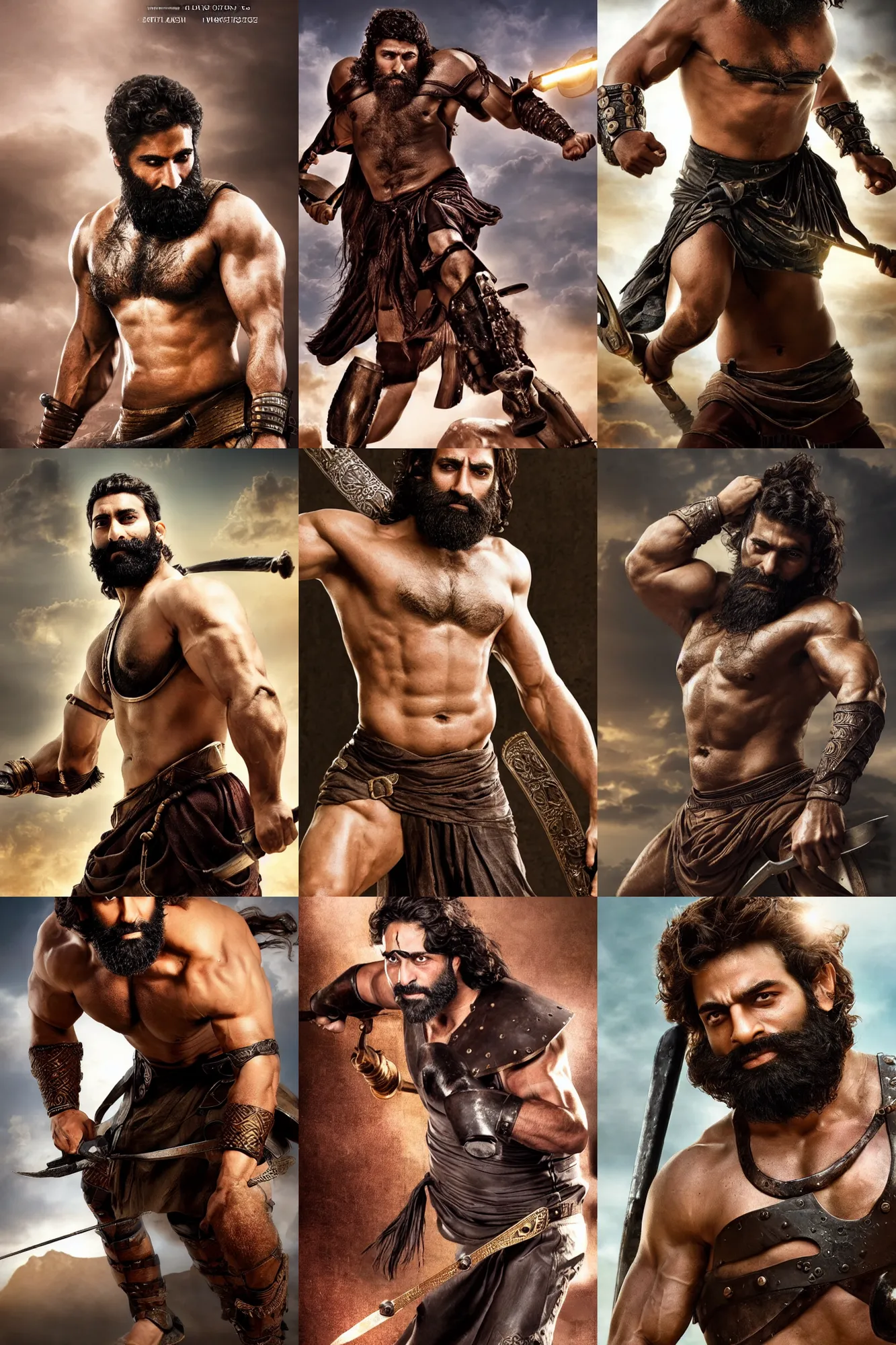 Prompt: a herculean jewish warrior. smooth flat simple iron and bronze armour. rugged young man, very beautiful. big muscles, cinematic lighting, highly detailed, dynamic action pose. beard. bollywood action movie poster