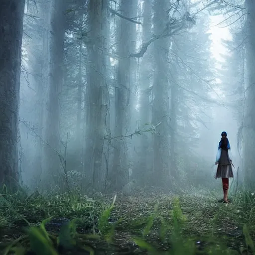 Image similar to stranger in futuristic spiritual mystical post apocalyptic forest, studio ghibli, beautiful, crisp