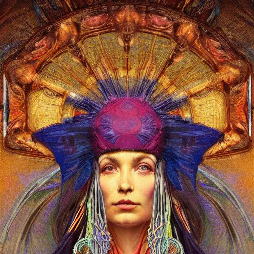 Image similar to baroque portrait of an art deco shaman, reflective detailed textures, highly detailed fantasy science fiction painting by annie swynnerton and jean delville and moebius, norman rockwell and maxfield parrish. rich colors, high contrast. artstation