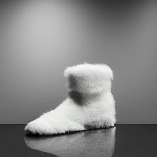Prompt: nike shoe made of very fluffy white and gold faux fur placed on reflective surface, professional advertising, overhead lighting, heavy detail, realistic by nate vanhook, mark miner