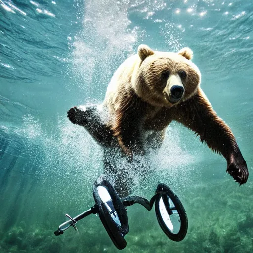 Image similar to a photo of a bear riding a unicycle under water