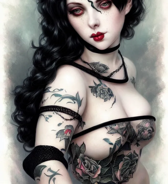 Prompt: two beautiful pale skin white eyed cosplay girls, black hair, fully tattooed body, fishnet corset with choker and whip on hand, symmetrical, beautiful detailed face, masterpiece, artstation contest winner, trending artgerm, paint by tom bagshaw