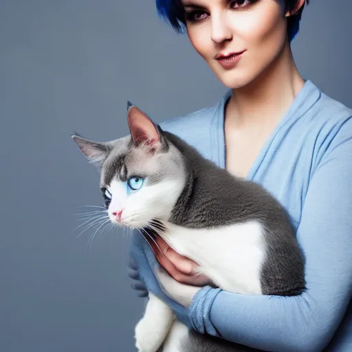 Prompt: A beautiful woman with blue short bob hair with bangs holding a grey and white cat, full body portrait, highly detailed, excellent composition, dramatic lighting, realistic 4k