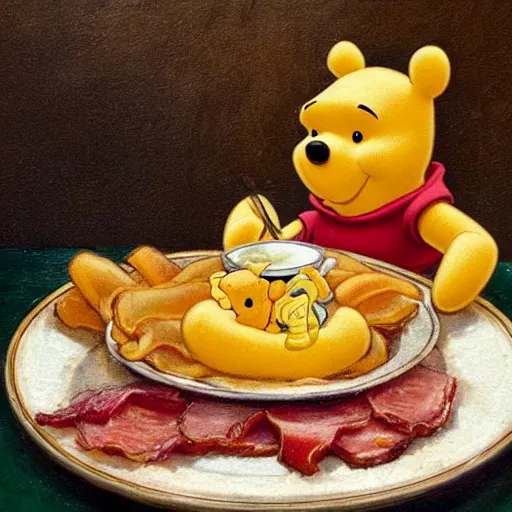 Prompt: close up of winnie the pooh with a plate of sausage and bacon and ham hock, cinematographic shot, by daniel f. gerhartz