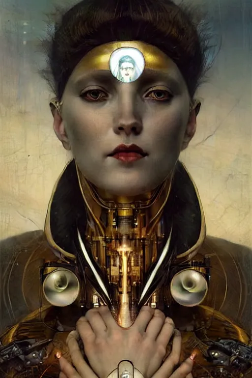 Prompt: full - bodied and portrait futurist cyborg empress, perfect future, award winning art by santiago caruso, iridescent color palette, symmetric face, by wlop and karol bak and bouguereau and viktoria gavrilenko