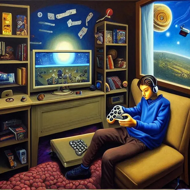 Image similar to an oil on canvas portrait of a teenager in his room playing videogames and watch television, surrealism, surrealist, cosmic horror, rob gonsalves, high detail