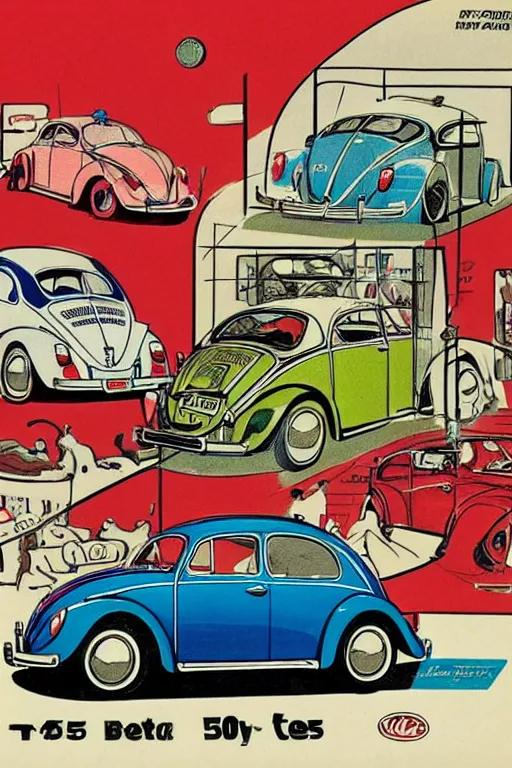 Image similar to Volkswagen Beetle car in the style of a 50s by Frank Hampson and mcbess, 1950s