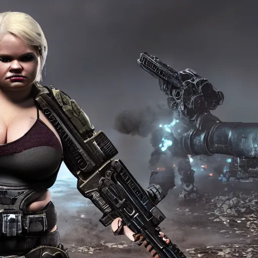 Image similar to Portrait of trisha paytas in Gears of War, splash art, movie still, cinematic lighting, dramatic, octane render, long lens, shallow depth of field, bokeh, anamorphic lens flare, 8k, hyper detailed, 35mm film grain