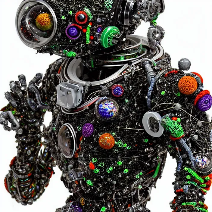 Image similar to a cybernetic symbiosis of a single astronaut mech-organic eva suit made of pearlescent wearing anodized thread knitted shiny ceramic multi colored yarn thread infected with kevlar,ferrofluid drips,carbon fiber,ceramic cracks,gaseous blob materials and diamond 3d fractal lace iridescent bubble 3d skin dotted covered with orb stalks of insectoid compound eye camera lenses orbs floats through the living room, film still from the movie directed by Denis Villeneuve with art direction by Salvador Dalí, wide lens,