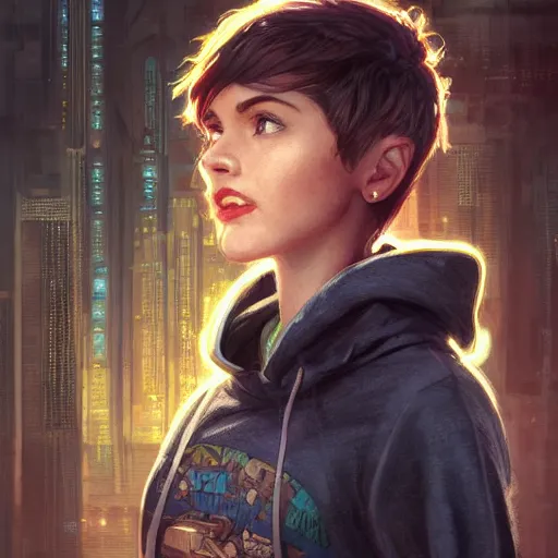 Image similar to character portrait of a 1950s girl in a hoodie, pixie cut, dystopian cyberpunk steampunk soviet mood, intricate, wild, highly detailed, digital painting, artstation, upper body, concept art, smooth, sharp focus, illustration, art by artgerm and greg rutkowski and alphonse mucha