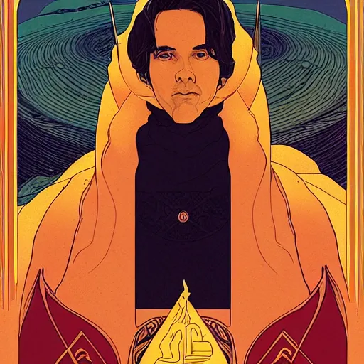 Prompt: majestic dune themed paul atreides messianic tarot card by sachin teng, moebius, artgerm, alphonse mucha, masterpiece, organic painting, matte painting, futuristic geometrical drawing shapes, desert ambience, hard edges, graffiti, poster art by sachin teng