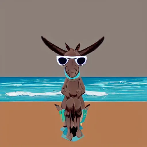 Prompt: A donkey wearing cool sunglasses at the beach, digital art, in the style of Irina French, artstation