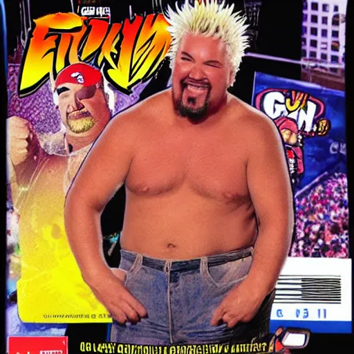 Image similar to guy fieri : backyard wrestling the video game 1 9 8 9 special tournament edition plus alpha featuring guy fieri for the nintendo genesis, game case, box art