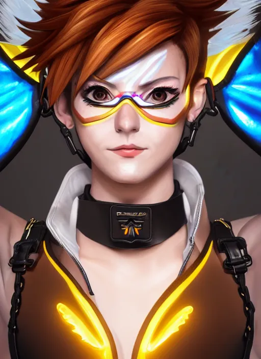 Image similar to portrait bust digital artwork of tracer overwatch, wearing iridescent rainbow latex and leather straps catsuit outfit, expressive happy face, makeup, in style of mark arian, angel wings, wearing detailed leather collar, chains, black leather harness, detailed face and eyes,