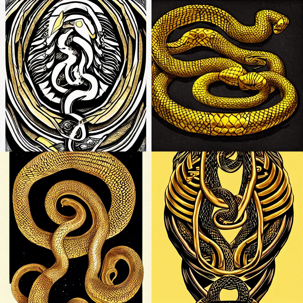 a golden snake on a black background, a tattoo by Mór