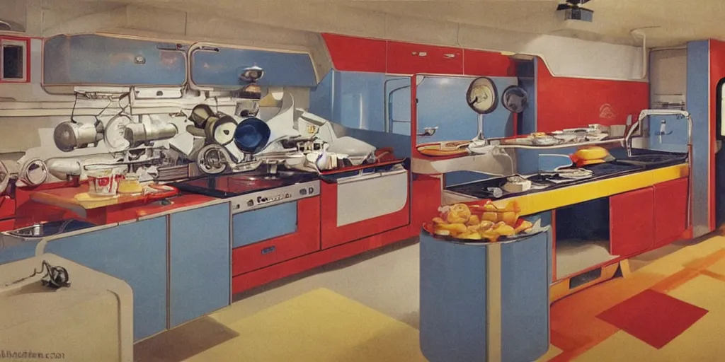 Prompt: soviet retro - futuristic kitchen, space station