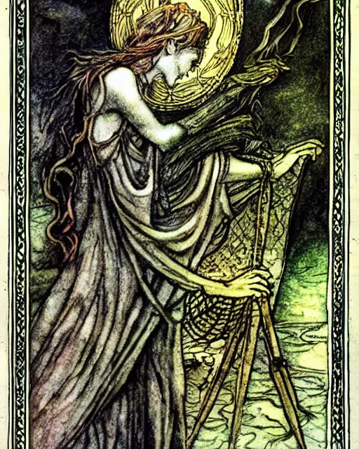 Image similar to tarot card detailed painting, illustration, tarot card framing with roman numbers, in style of Arthur Rackham