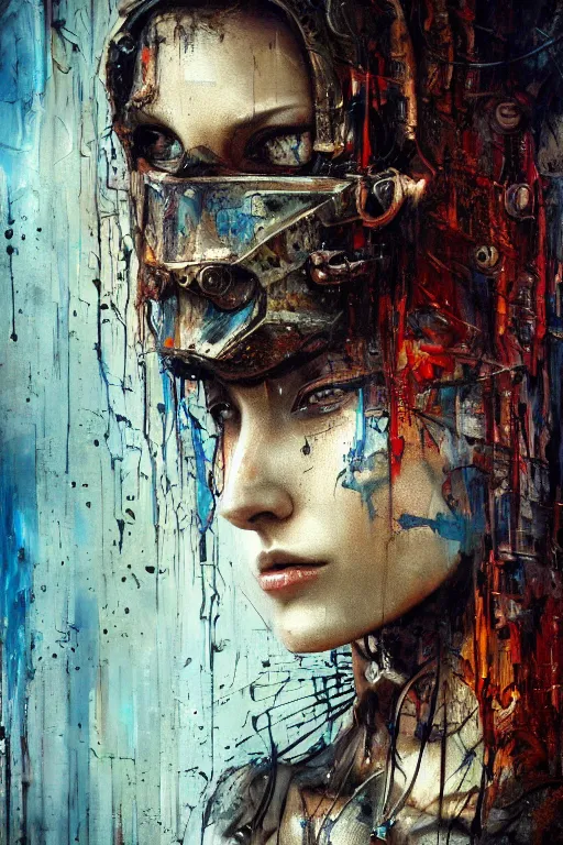 Prompt: beautiful woman with a mech mask rendered in unreal engine, cyberpunk, dark scifi, painted by cameron gray, david burliuk bernard buffet | carne griffiths | wlop