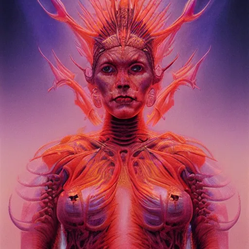 Image similar to A stunning portrait of a goddess, her body made of flames, by Wayne Barlowe and Jim Burns, 8K UHD, intricate, fantasy, Trending on artstation.