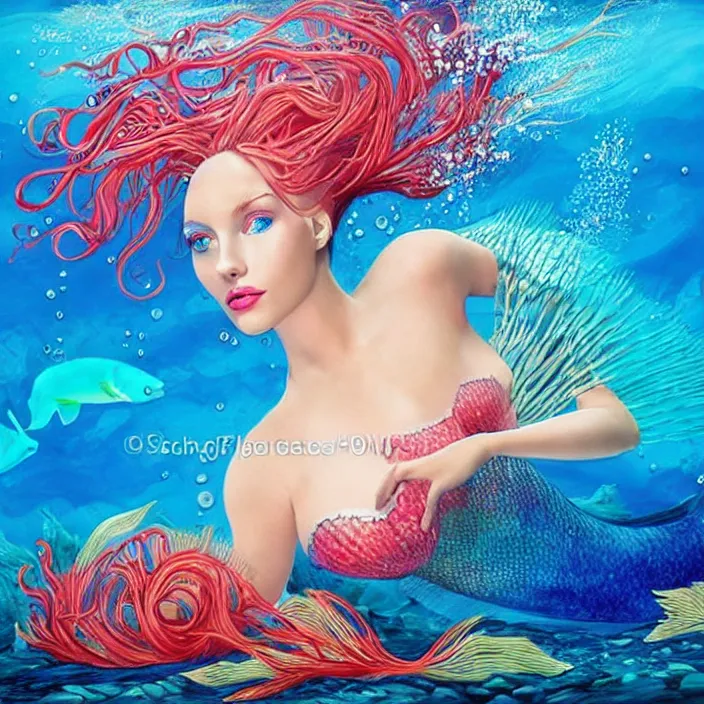 Image similar to a beautiful mermaid underwater, brightly coloured fish, coral and seaweed, hyper - realistic, mystic, detailed