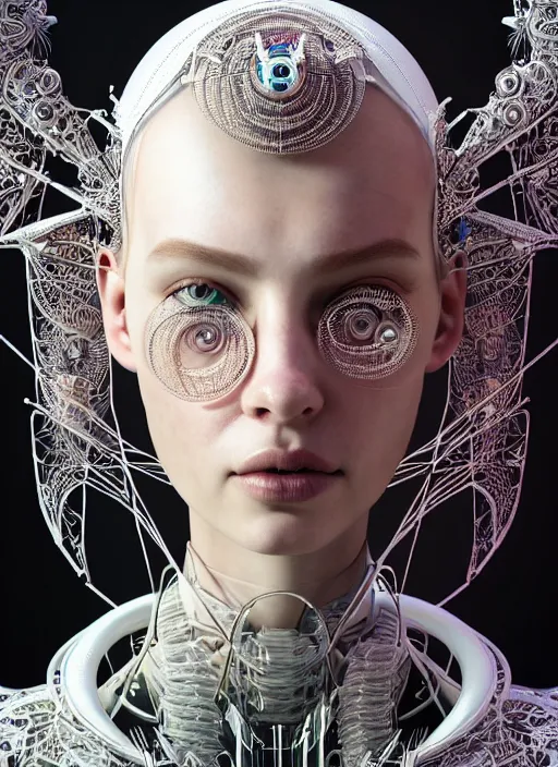 Image similar to portrait of an absurdly beautiful, graceful, sophisticated, fashionable cyberpunk mechanoid, hyperdetailed illustration by irakli nadar and vania zouravliov, matt wisniewski style, intricate linework, white porcelain skin, faberge, tropical fish headdress, unreal engine 5 highly rendered, global illumination, radiant light, detailed and intricate environment