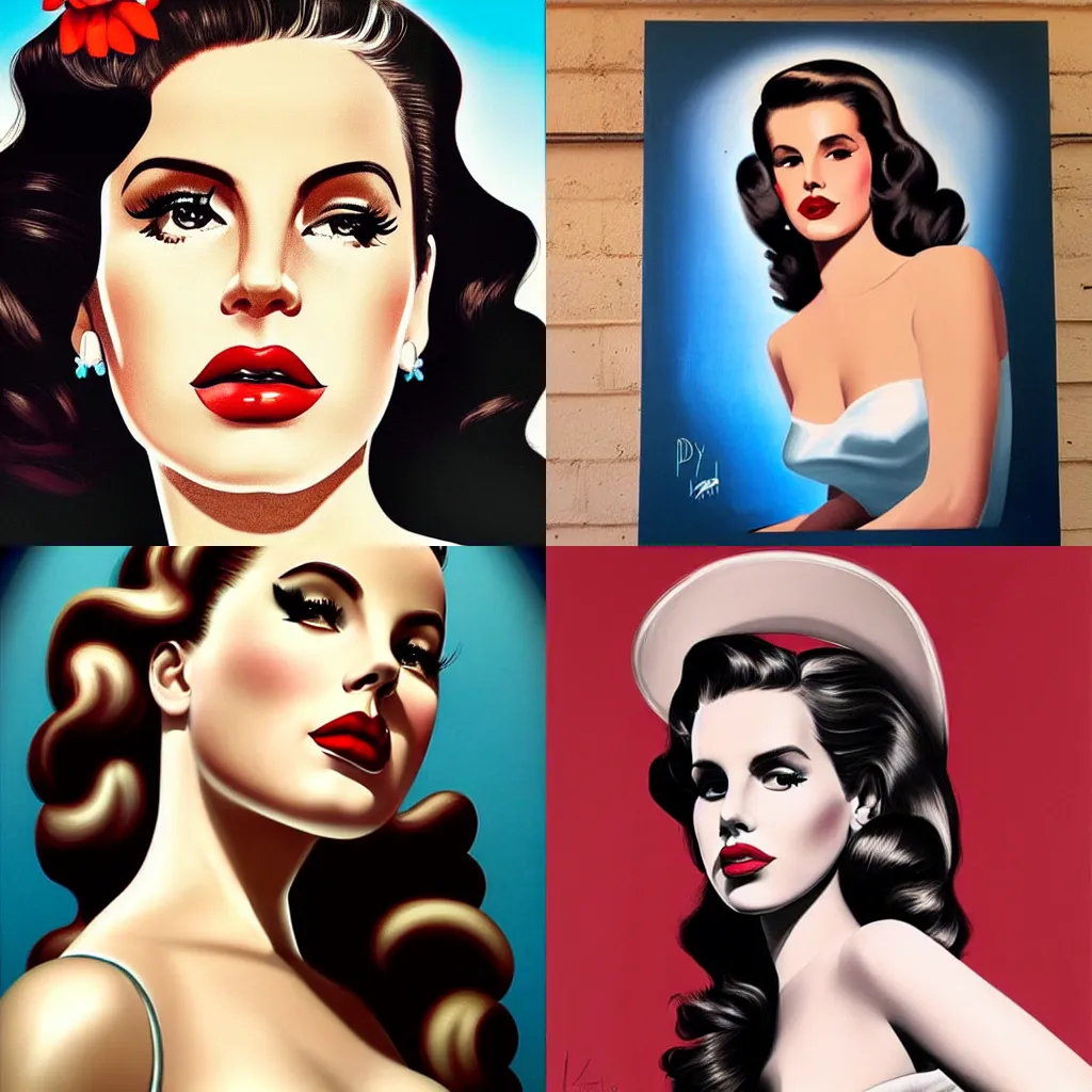 Prompt: Lana Del Rey pin up in a 1950s small town:: beautiful day outside:: style of Diego Fazio Photorealism, Pedro Campos art, Rob Hefferan art:: symmetrical face, symmetrical eyes, symmetrical body::