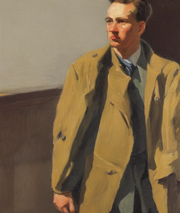 Image similar to a very detailed portrait of a man, wearing an open military jacket, front view, in the style of edward hopper and oswald hornby joseph birley and susan ryder, very small brushstrokes, 4 k,